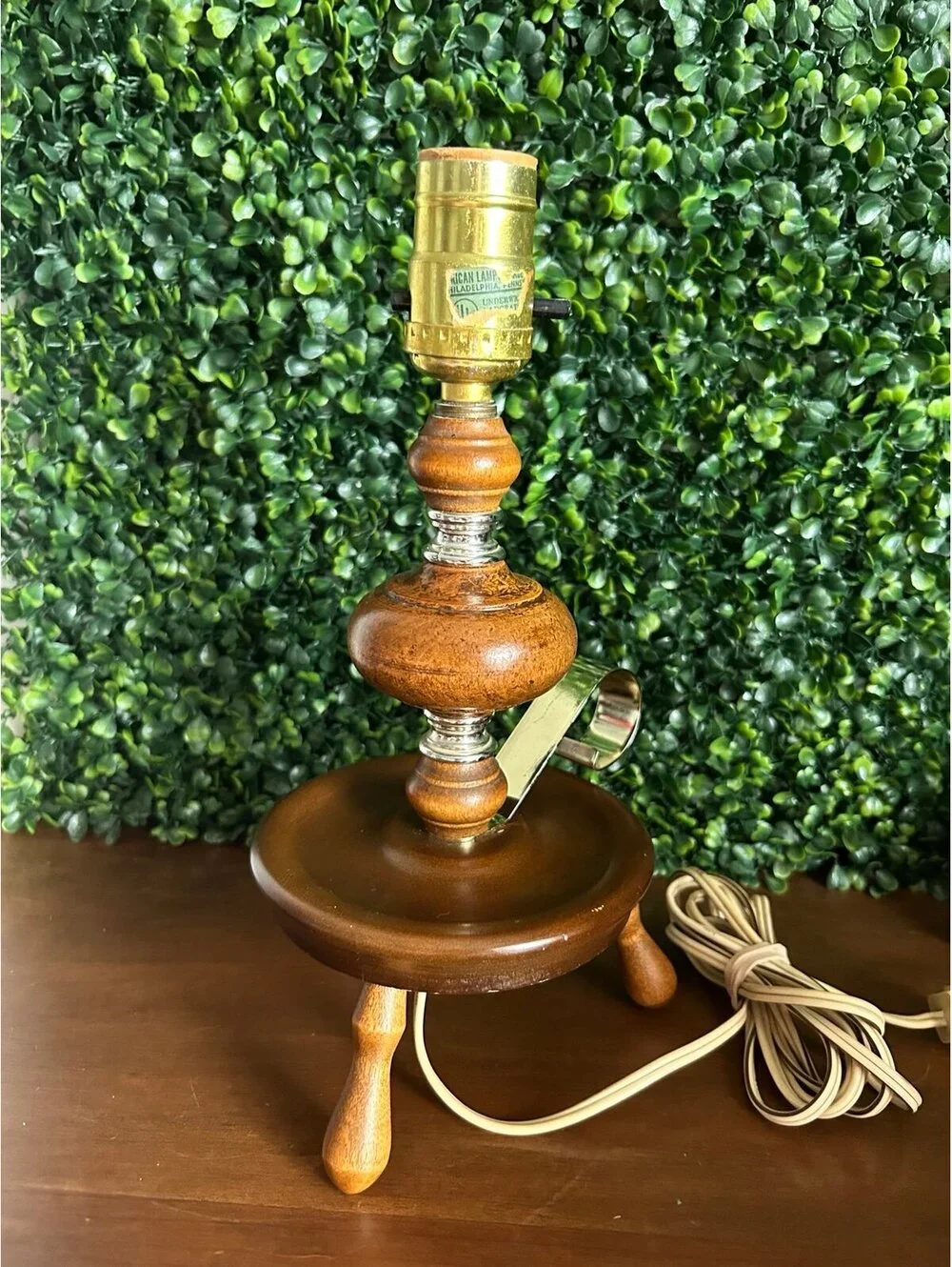 Vintage Wood Tripod Table Lamp Mid Century Danish